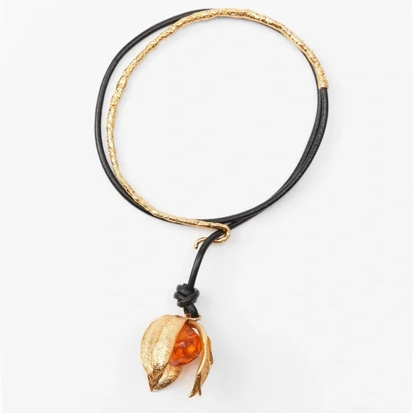🆕 ZARA Physalis Choker Leather Lariat Necklace - Picture 1 of 11